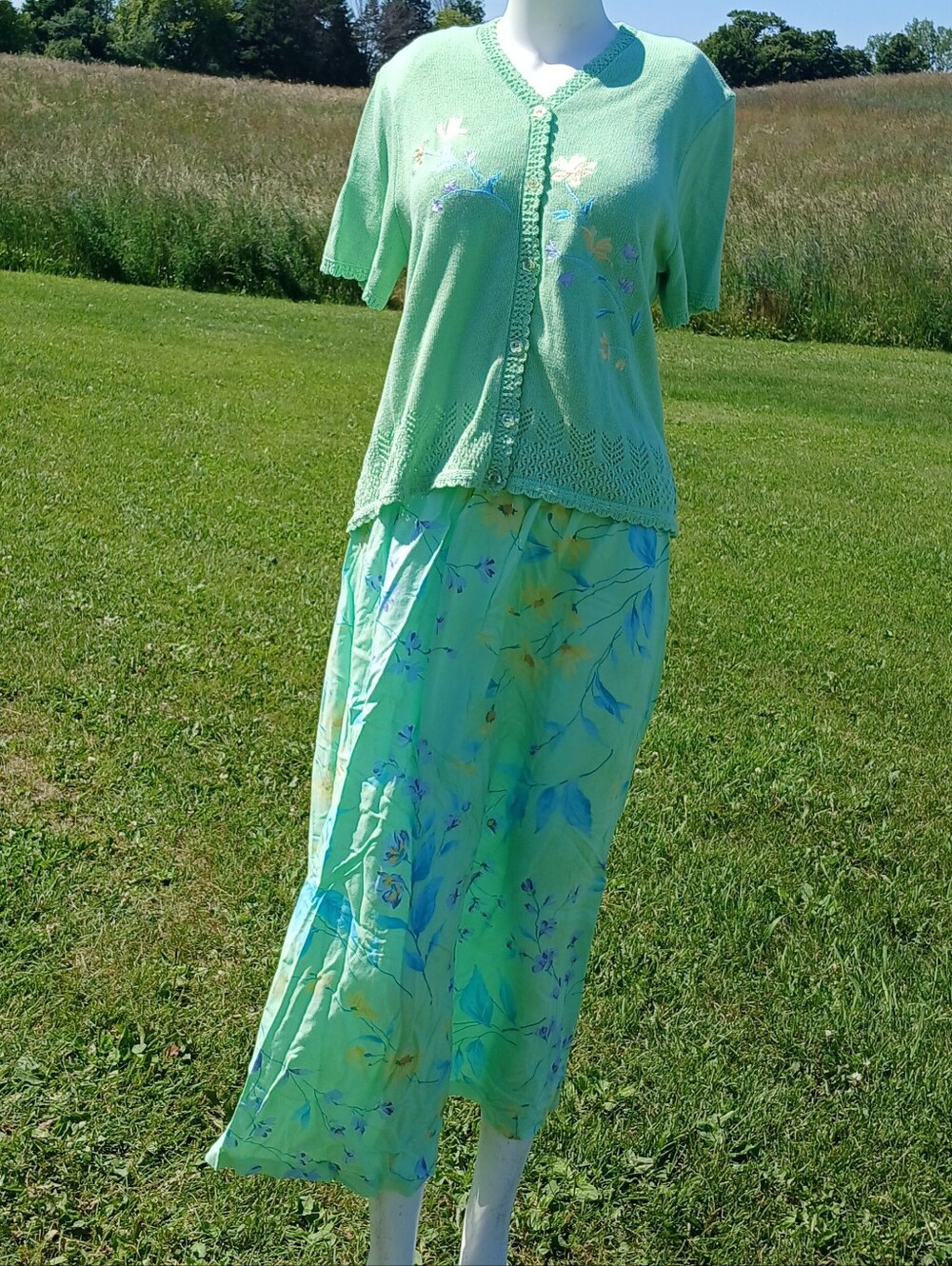 Southern Lady Set Skirt and Sweater Top Shirt Cardigan Mint Green size L Large